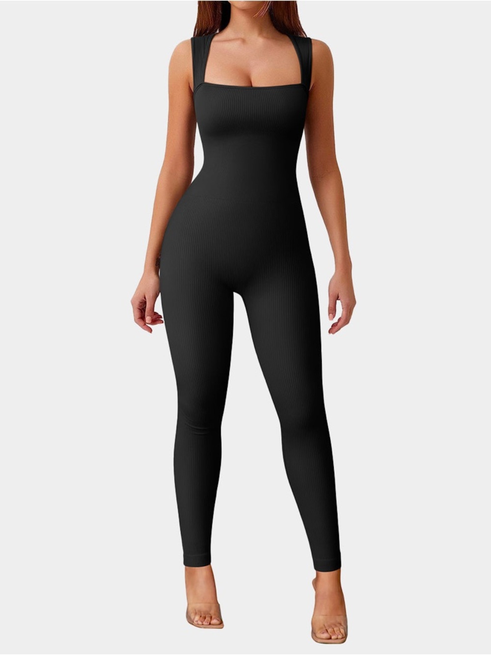 Black Ribbed Square-Neck Jumpsuit